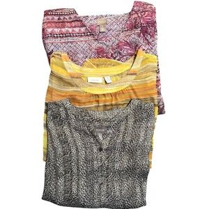 Chico's Trio: Yellow Striped, Pink Floral & Black White Print Tops Size 3